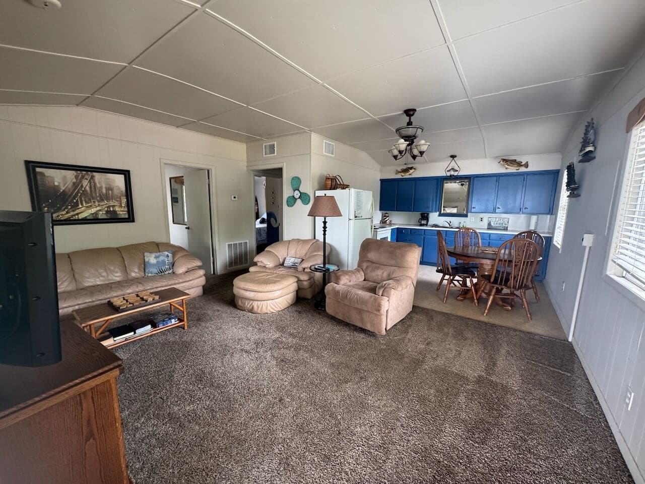 Living room, dining, and kitchen