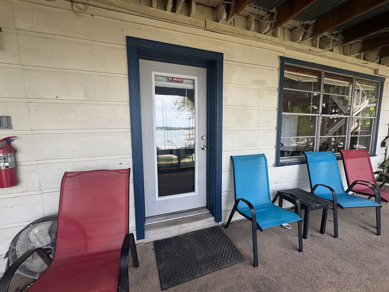 Front door and patio seating